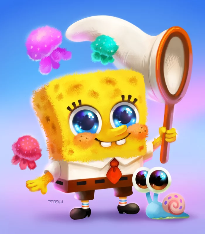 sponge bob and company - Art, Tsaoshin, SpongeBob, Sandy Chicks, Patrick Star, Plankton, Gary, Milota, Jellyfish, Chibi, Longpost