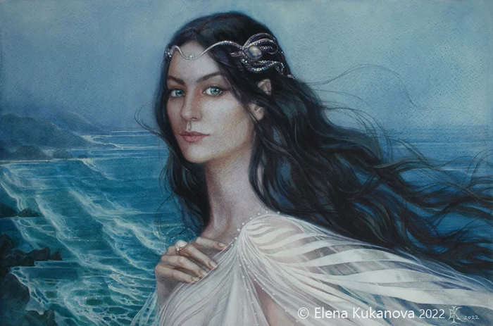 Marina - My, Painting, Portrait, Portrait by photo, Classical portrait, Fantasy, Tolkien's Legendarium, Watercolor, Sea, Longpost