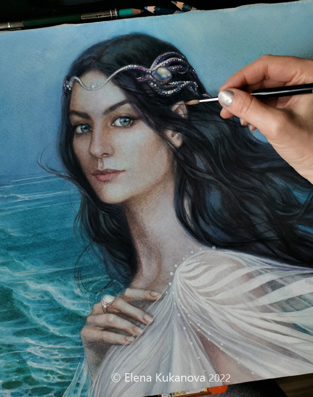 Marina - My, Painting, Portrait, Portrait by photo, Classical portrait, Fantasy, Tolkien's Legendarium, Watercolor, Sea, Longpost