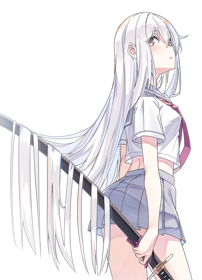 White - Anime, Art, Anime art, Original character, Girls, Long hair, White hair, Sword, Katana