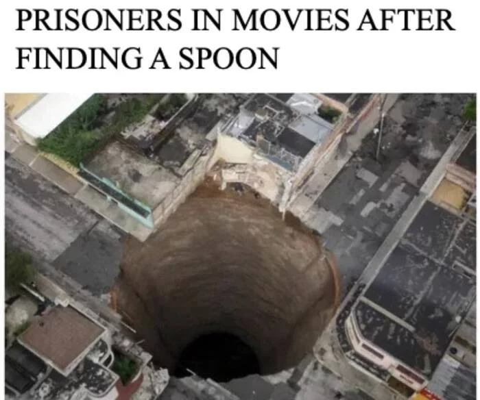 Movie prisoners after finding the spoon: - Humor, Memes, Movies, Picture with text, English language, Digging