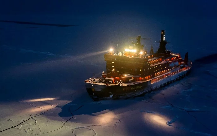 Icebreaker 50 Years of Victory - Icebreaker, Nuclear icebreaker, Arctic, Night, Spotlight