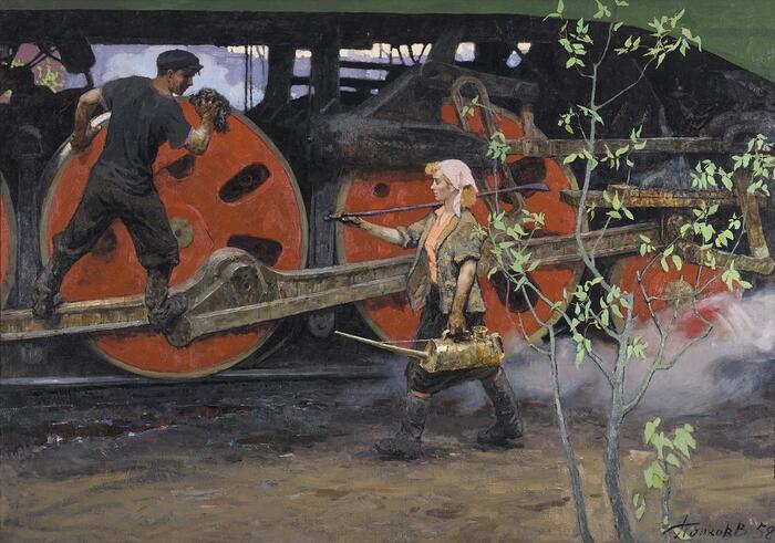 Spring in the locomotive depot - the USSR, Communism, Painting, Repeat, Socialist Realism
