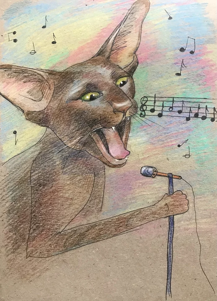 Let's sing? - My, Luboff00, Graphics, Colour pencils, Oriental cats, Liner, Music, The singers, Craft paper