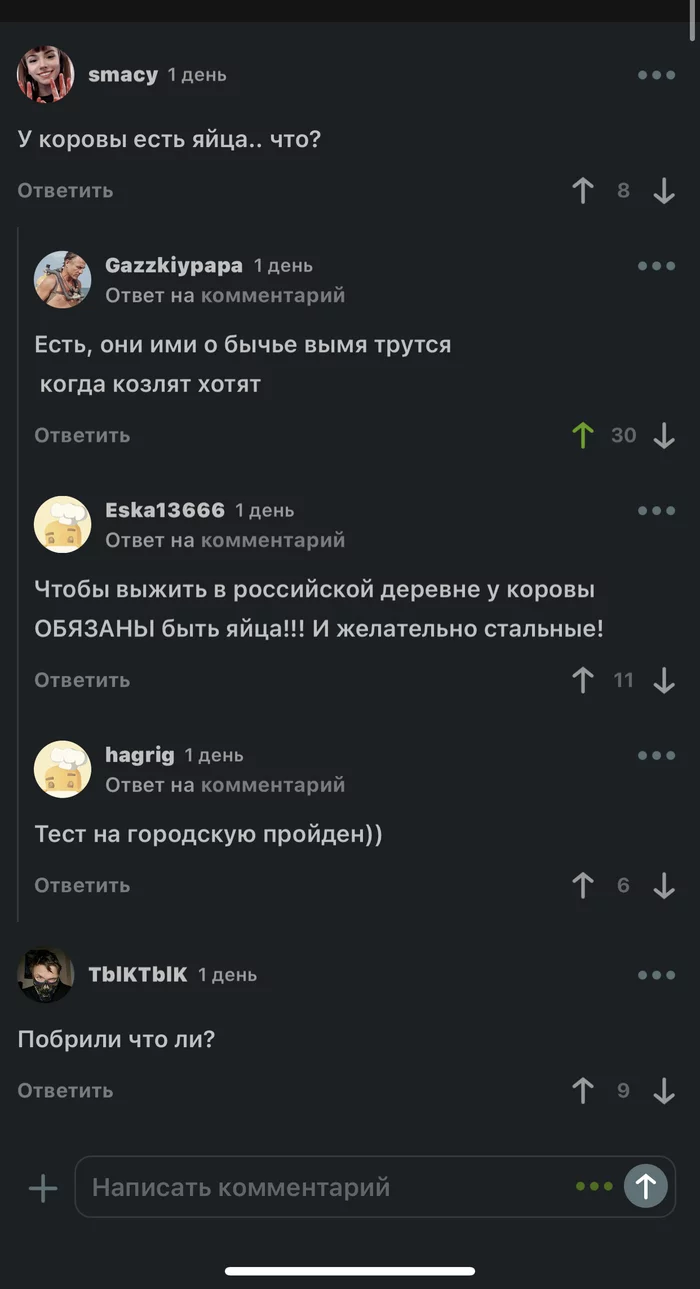 Тест на городскую - Скриншот, Корова, Вымя, Страусиное яйцо, Тест, Комментарии на Пикабу