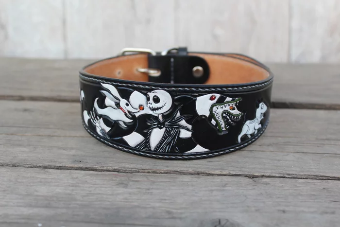 Collar based on the works of Tim Burton - My, Dog, Collar, Needlework without process, Natural leather, Embossing on leather