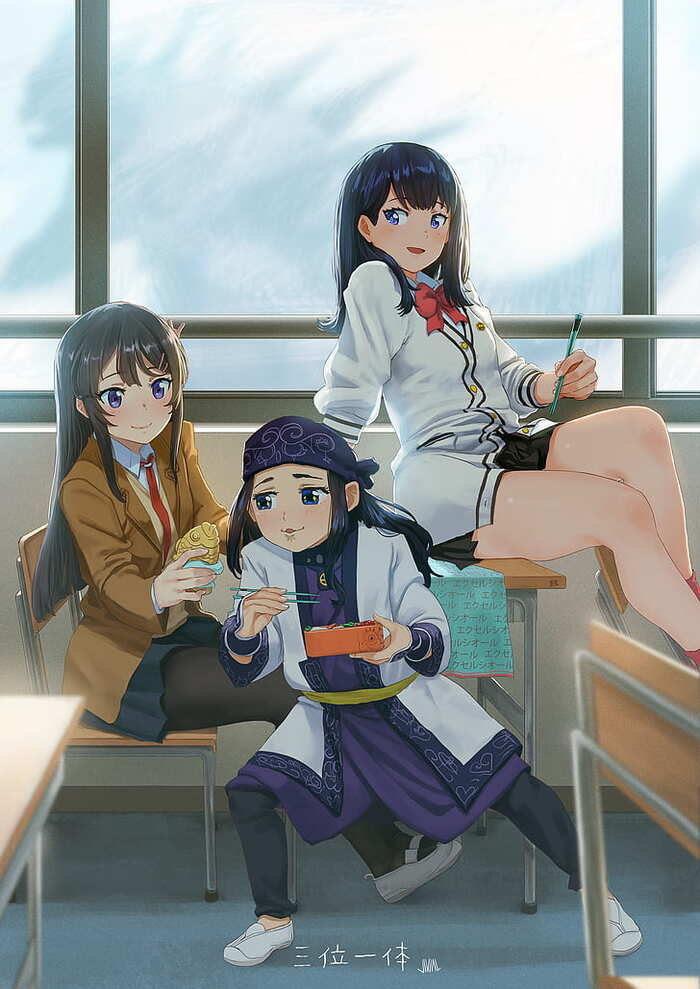 school days - Anime art, Anime, Mai Sakurajima, Asirpa, Takarada Rikka, Rascal Does Not Dream of Bunny, Golden Kamuy, Crossover