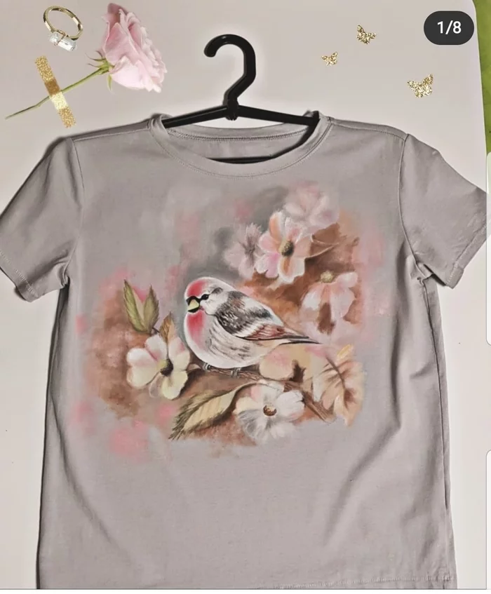 Spring! - My, Handmade, Painting on fabric, Artist, Birds, Flowers, Watercolor, Painting, Fancy clothes, T-shirt, Customization, Spring, Print