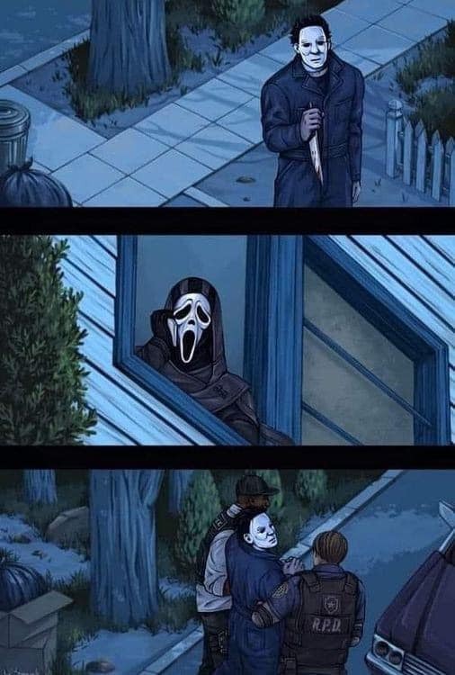 Hello, police? There is a dangerous-looking person under my windows! - Scream, Michael Myers (Halloween), Police, Horror, Resident evil, Dead by daylight