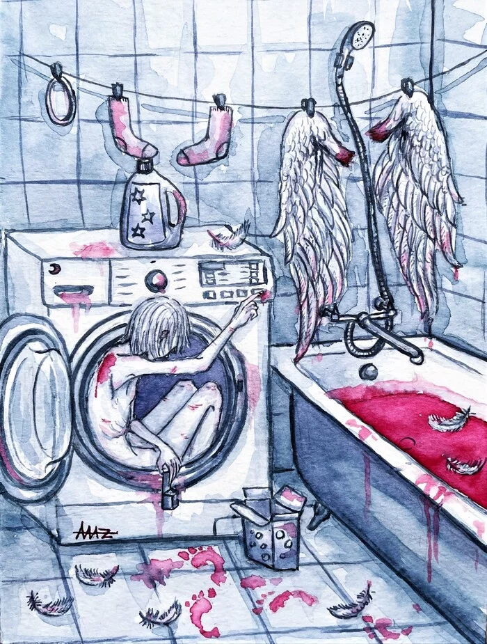 Wash - My, Soul, Art, Drawing, Art, Artist, Painting, The senses, Ink, Watercolor, Emotions, Pain, Portrait, Wound, Philosophy, Angel, Wings, Washing, Blood, Longpost