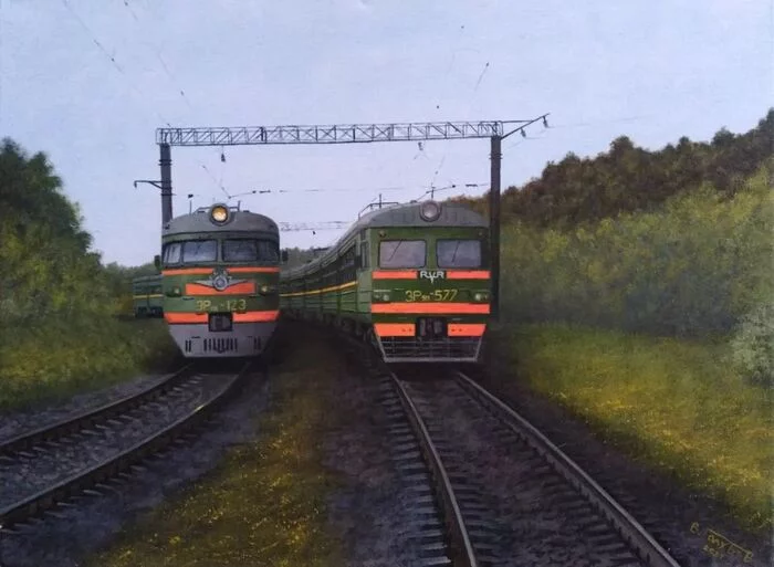 Just canvas, just oil - the USSR, Public transport, Bus, Railway, A train, Bridge, Canvas, Butter, Artist, Longpost, Painting, Painting