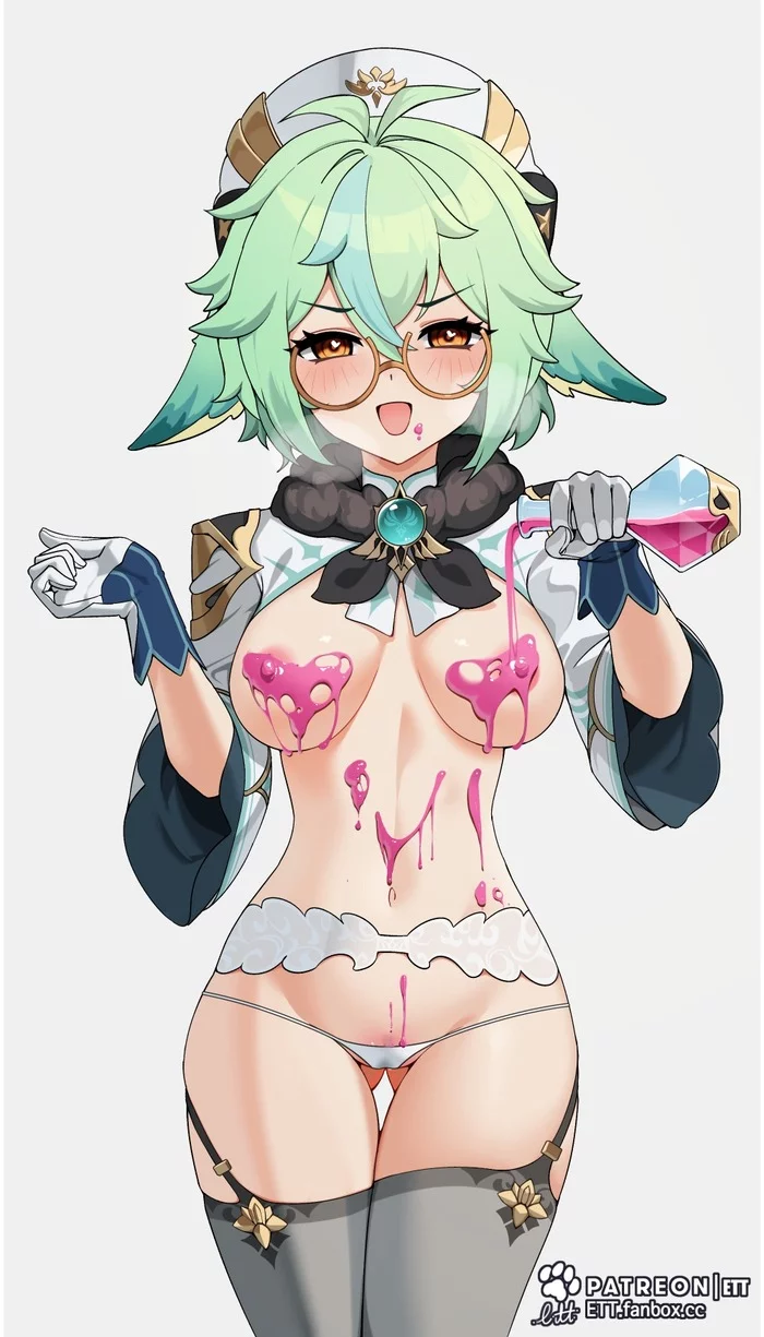 spilled the potion - NSFW, Anime, Anime art, Genshin impact, Sucrose, Games, Boobs, Pantsu, Stockings, Megane, Animal ears, Hand-drawn erotica, Erotic, Ett