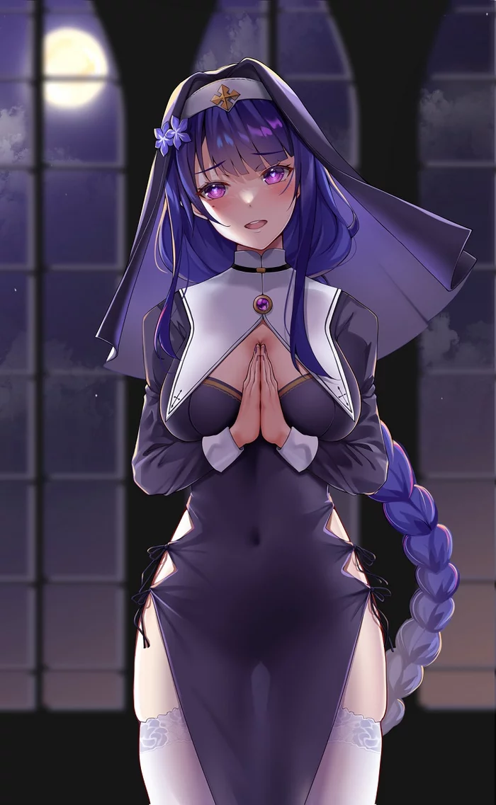 Repent, you dirty animal - NSFW, Anime, Anime art, Genshin impact, Raiden shogun, Nun, Stockings, Longpost