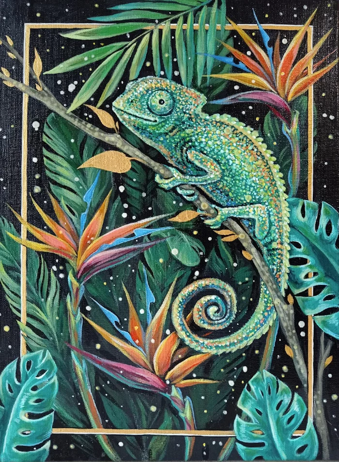 Another glow in the dark picture :) - My, Acrylic, Artist, Modern Art, Decor, Painting, Monstera, Tropics, Chameleon, Reptiles, Phosphor, Potal, Black background, Exotic plants, Animals, Painting, Drawing, Video, Youtube, Longpost