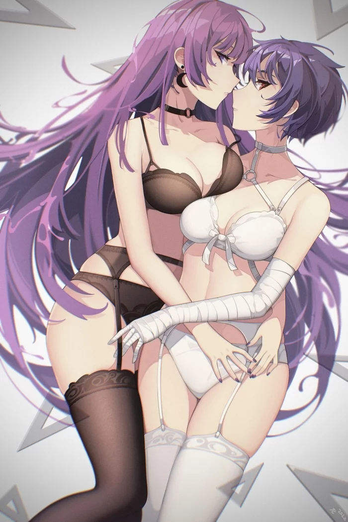 Hitagi & Suruga - NSFW, Anime, Art, Anime art, Bakemonogatari, Hitagi senjougahara, Kanbaru suruga, Girls, Yuri, Erotic, Underwear, Stockings, Si