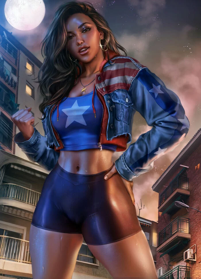 America Chavez - NSFW, Art, Drawing, Marvel, Superheroes, Girls, Erotic, Hand-drawn erotica, Underwear, Boobs, Strip, Lesbian, Choker, Cameltoe, Sweating, Logan cure, Longpost, 