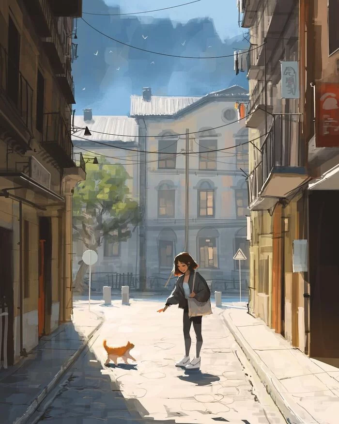 Hi friend - Drawing, Town, Walk, City walk, Girls, cat, Sam yang, Art