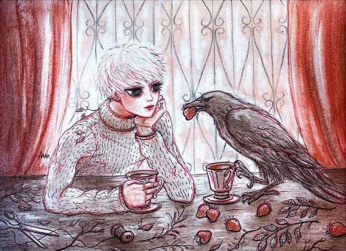 A friend dropped in for tea - My, Soul, Art, Drawing, Art, Artist, Painting, Emotions, Sanguina, Cosiness, Crow, Tea, friendship, Friend, Heat, Strawberry (plant), Illustrations, Calmness, Harmony, Relaxation