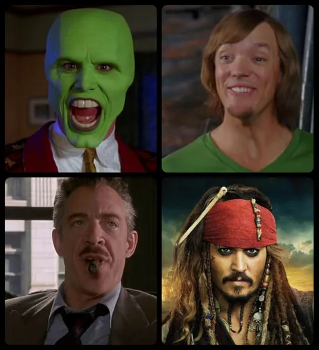 Four horsemen of perfect casting - Jim carrey, Johnny Depp, Spiderman, Scooby Doo, Comedy, Captain Jack Sparrow