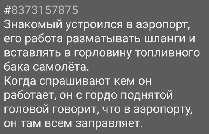 И ведь не врёт - Картинка с текстом, Игра слов, Аэропорт, Работа, Топливо, Заправляет, Заправщик