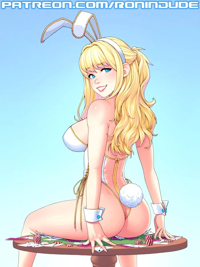 Place your bets! - NSFW, Art, Drawing, Girls, Erotic, Hand-drawn erotica, Bunnysuit, Boobs, Booty, Nudity, Back view, Bunny ears, Bunny tail, Playing cards, Chips, Ronindude, Longpost