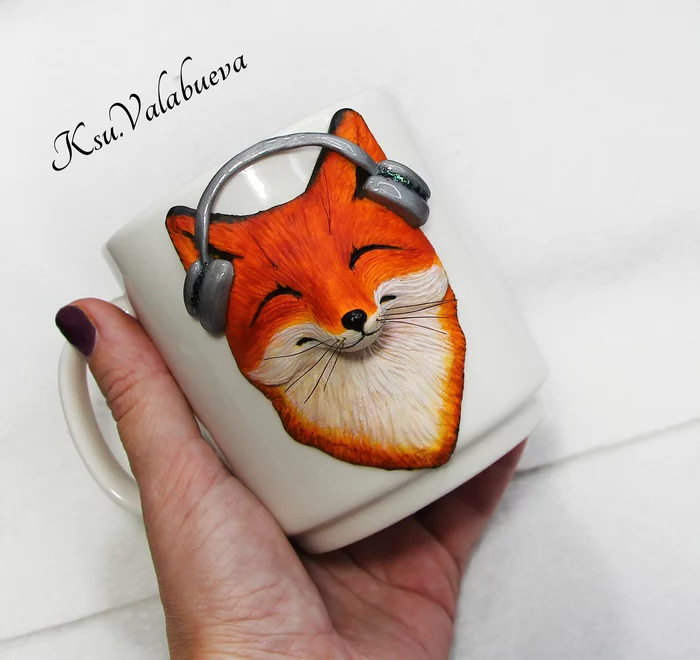 Fox music lover - My, Polymer clay, Кружки, Mug with decor, Fox, Music lovers, Handmade, Needlework without process, Needlework, With your own hands, Longpost