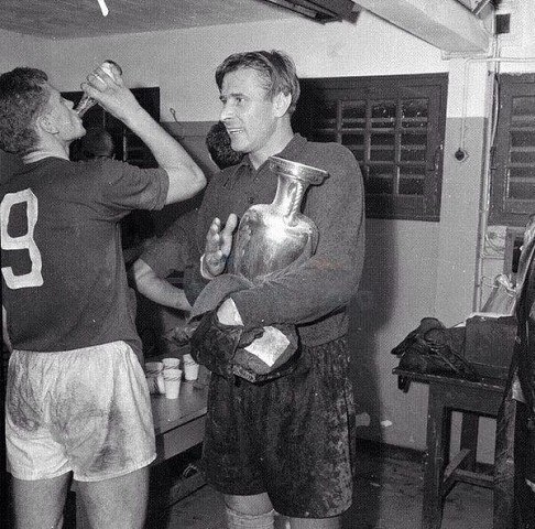 Lev Yashin with the European Cup immediately after the victory in the final match over the Yugoslav national team, July 10, 1960 - the USSR, History of the USSR, Made in USSR, Black and white photo, Lev Yashin, Goalkeeper