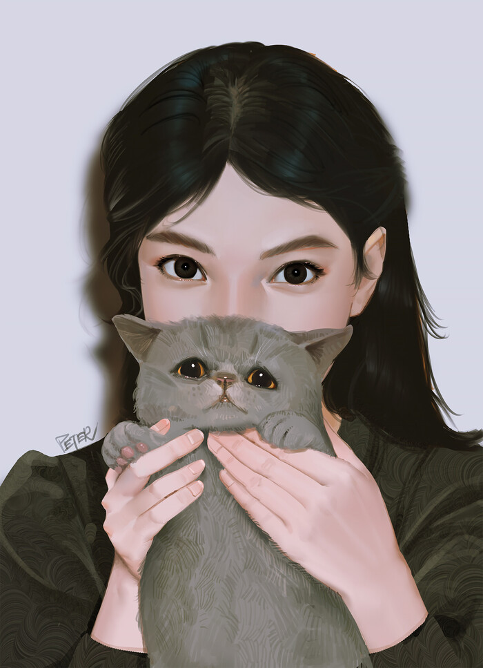 Girl with a cat , ArtStation, , 
