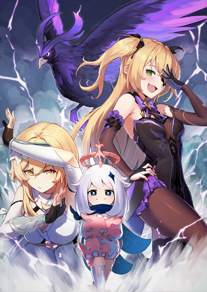      , Anime Art, Genshin Impact, Paimon (Genshin Impact), Lumine (Genshin Impact), Fischl (Genshin Impact)