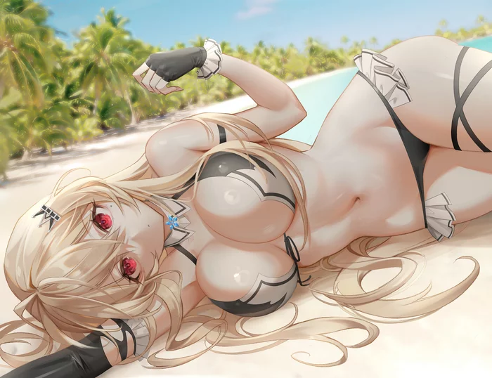 Cream - NSFW, Anime art, Anime, Original character, Sea, Palm trees, Beach, Summer