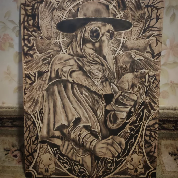 Plague doctor, 40x30cm, mine - My, Scorcher, Art, Art, Drawing, With your own hands, Needlework with process, Plague Doctor, Longpost, Pyrography