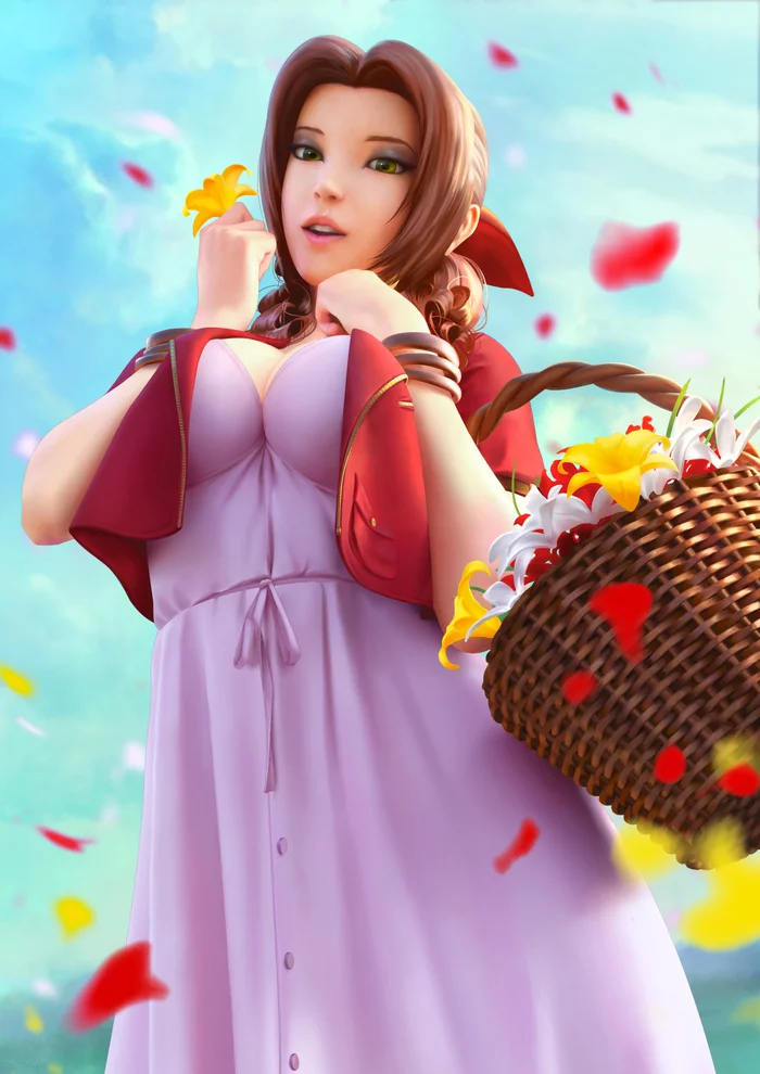 Aerith Gainsborough - NSFW, Эротика, Арт, Рисованная эротика, Aerith Gainsborough, Final Fantasy VII, Девушки, Панцу, Anime Art, Нижнее белье, Цветы, Длиннопост, Сиськи, Misusart