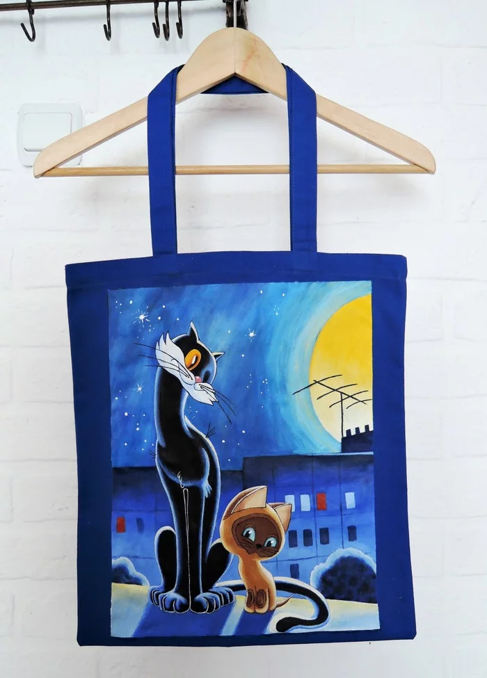 hand painted bag - My, Needlework without process, Handmade, Needlework, Creation, Kitten Woof, Painting on fabric, Presents, Longpost, cat