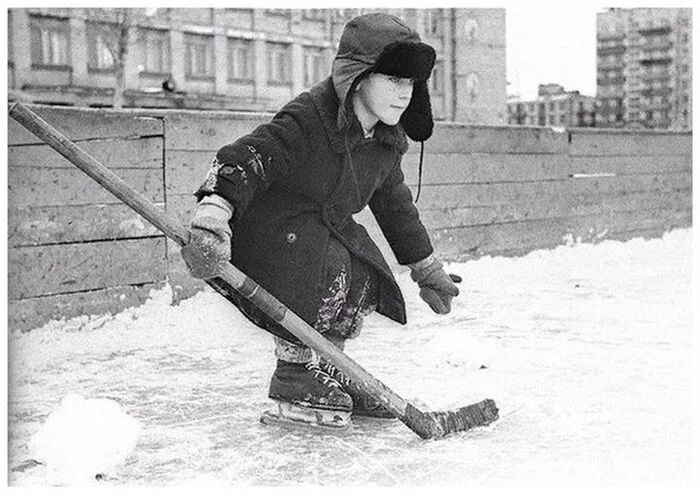 Yard hockey in the USSR - the USSR, History of the USSR, Black and white photo, Childhood memories, Hockey