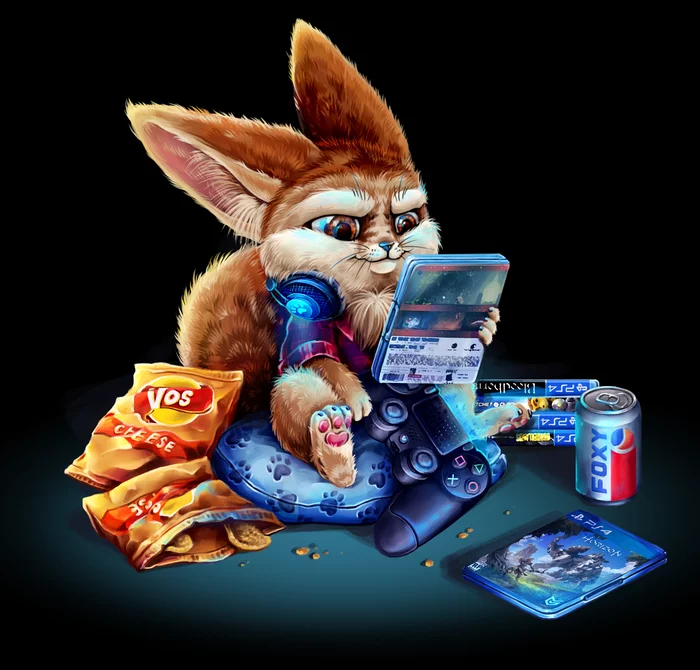 The Gamer Fox. - My, Photoshop, Characters (edit), Illustrations, Painting, Digital drawing, Drawing process, Fox, Fenech, Playstation 4, Gamers, Video, Youtube