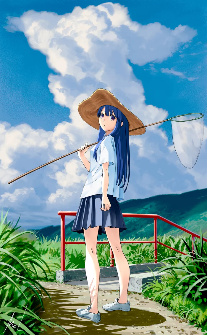 Ricky's Summer Vacation - Anime, Anime art, Higurashi no naku koro ni, Furude rika, Summer, Girls, Scoop net, Straw hat