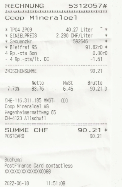 Gasoline price in Switzerland. June 18, 2022 - My, Living abroad, Gasoline price, Switzerland, Receipt