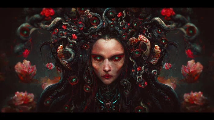 MECHDUSA - Art, Artstation, Artificial Intelligence, Midjourney, Fur, Medusa Gorgon