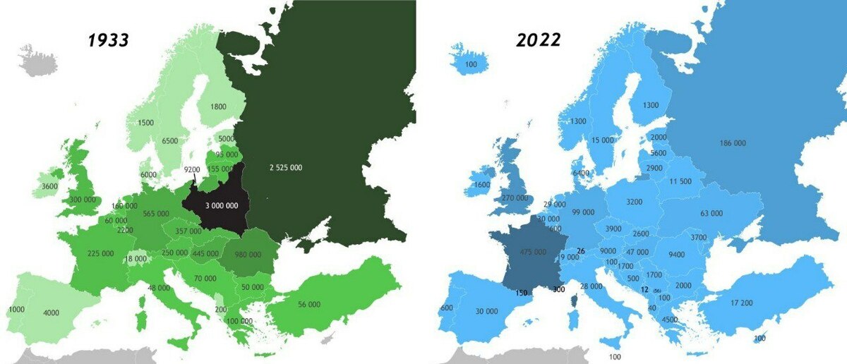 Сколько евреев жили в странах Европы в 1933 и в 2022 годах
