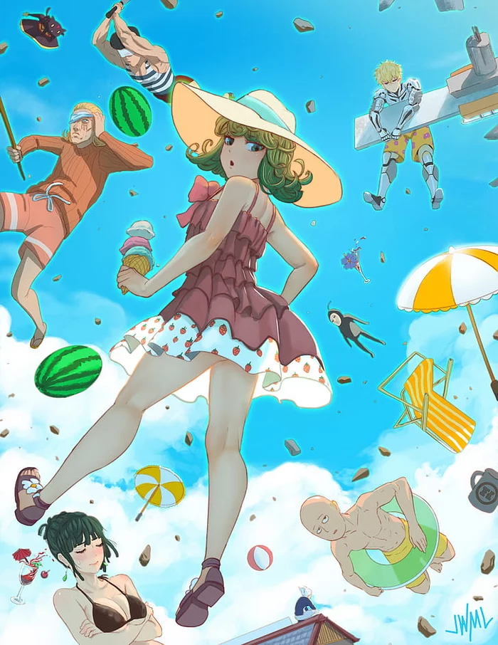 Beach party - Anime, Anime art, Art, Beach, Swimsuit, Party, Onepunchman, Tatsumaki, Fubuki, Saitama, Genos, King (Onepunchman)