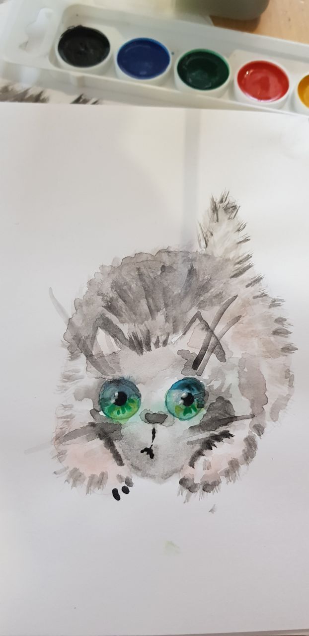 My child drew our cat)) a lot of positive - My, cat, Drawing, Children, Positive, Watercolor