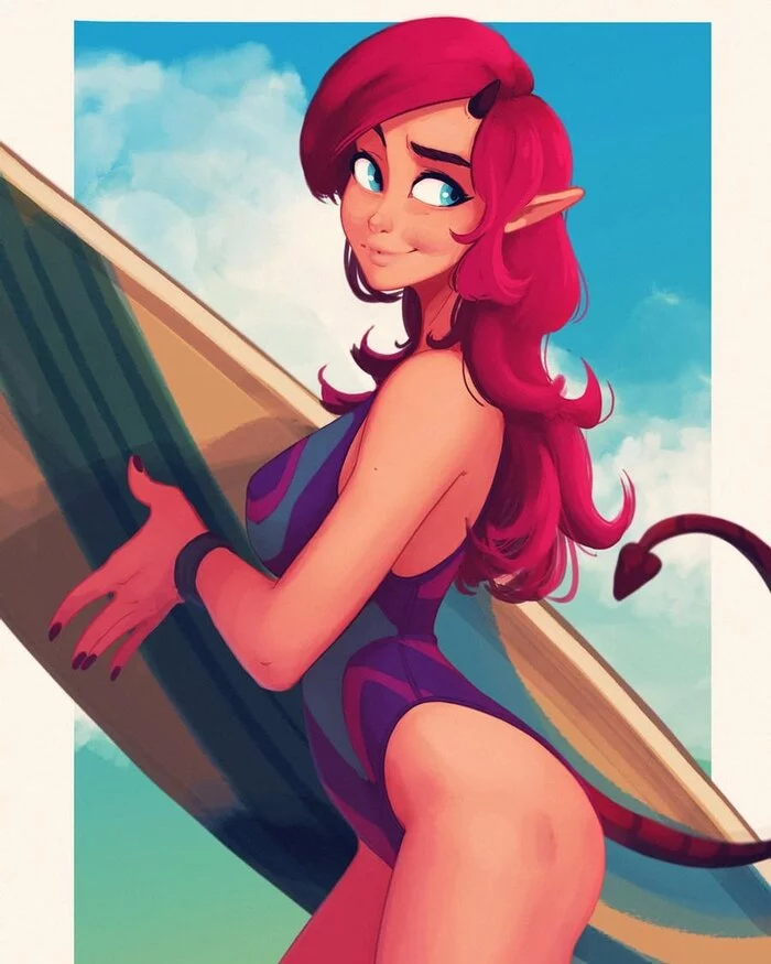 Time to surf - Drawing, Surfing, Surfboard, Girls, Girl with Horns, Demoness, Swimsuit, Raichiyo33, Art