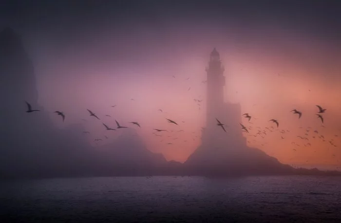 Morning at Aniva Lighthouse, Sakhalin - Sakhalin, Sea, Sakhalin Region, Lighthouse, Aniva Lighthouse, dawn, Landscape, Travel across Russia, Fog, The rocks, The photo