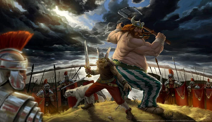 Asterix and Obelix - Art, Asterix and Obelix, Roman Legion, Steel arms, Idefix, Dog, Landscape, Gauls, Sky, Clouds