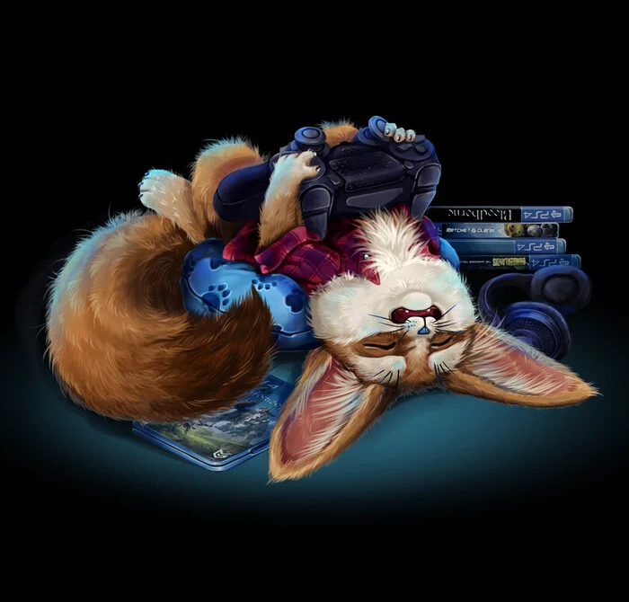 The Gamer Fox. - My, Digital drawing, Characters (edit), Illustrations, Painting, Photoshop, Fox, Fenech, Playstation, Dualshock 4, Drawing process, Streamers, Art, Video, Youtube