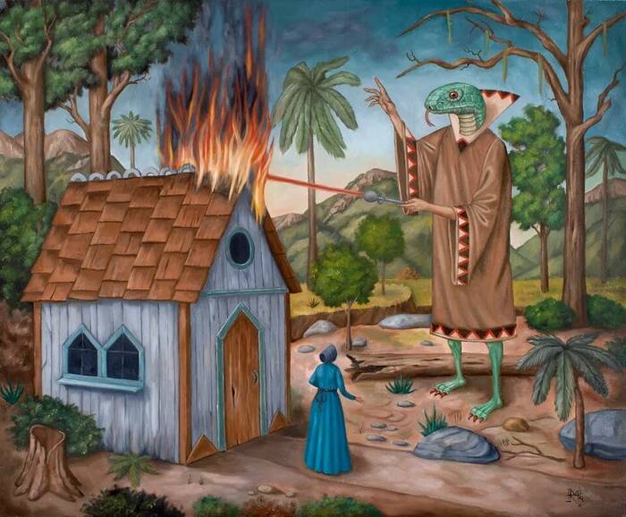 Reptilian sets fire to the house - Painting, Reptilians, Creatures, Lizard, Pyro, Attack, Тайны