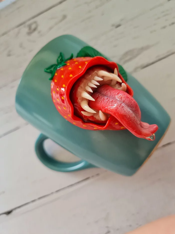 Mug with polymer clay decor Toothy Sweet Strawberry - My, With your own hands, Polymer clay, Needlework without process, To fall, Teeth, Mug with decor, Longpost