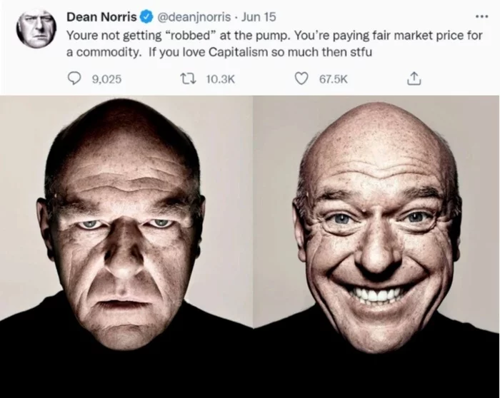 Dean Norris on gas prices - Rise in prices, Dollars, A crisis, Inflation, Gasoline price, Dean Norris, Memes, Screenshot, Twitter, Politics, Actors and actresses