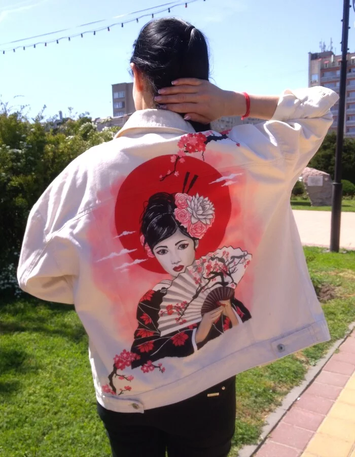 Hand-painted denim jacket - My, Creation, Geisha, Japan, Presents, Painting on fabric, Painting, Needlework without process, Handmade, Needlework, Acrylic, Longpost