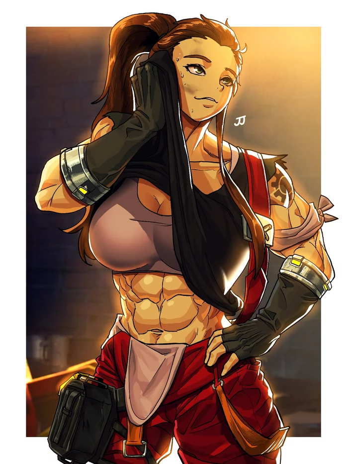 Бригитта Линдхольм - Арт, Пресс, Muscleart, Overwatch, Brigitte, Крепкая девушка, 2D, Sparkeyjinjin